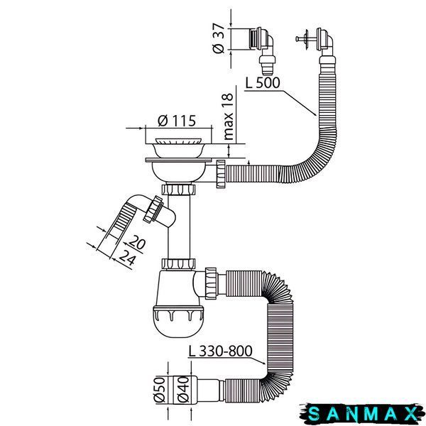 Сифон для кухні Mixxus SK-07-B 3 1/2"x40 з нерж.сіткою, відведенням для пральної машини, гнучким круг. переливом (MI8199) MI8199 фото