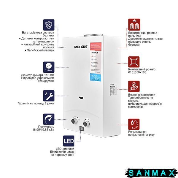 Газова колонка димохідна Mixxus 12 л Gwh-0112 Basic Біла (WH0029) WH0029 фото