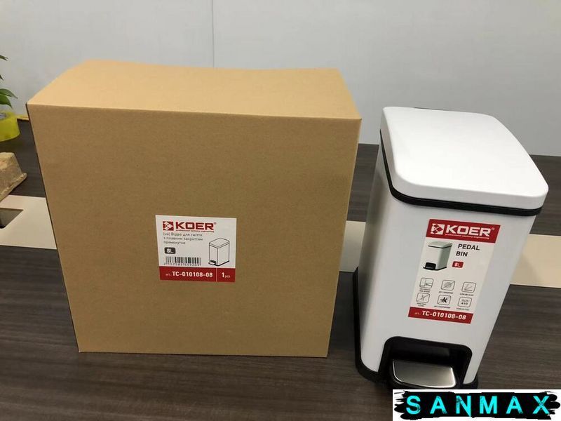 Відро для сміття з плавним закриттям прямокутне Koer TC-010108-08 8 л колір білий (KR5592) KR5592 фото