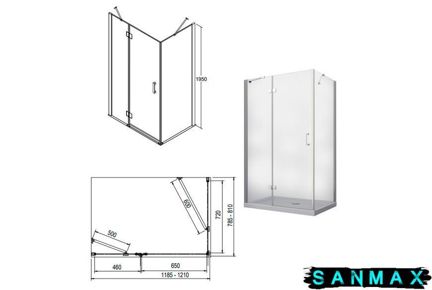 Кабіна прямокутна Besco Viva 1200x80x195 ліва: скло прозоре, профіль хромований VPL-128-195C фото