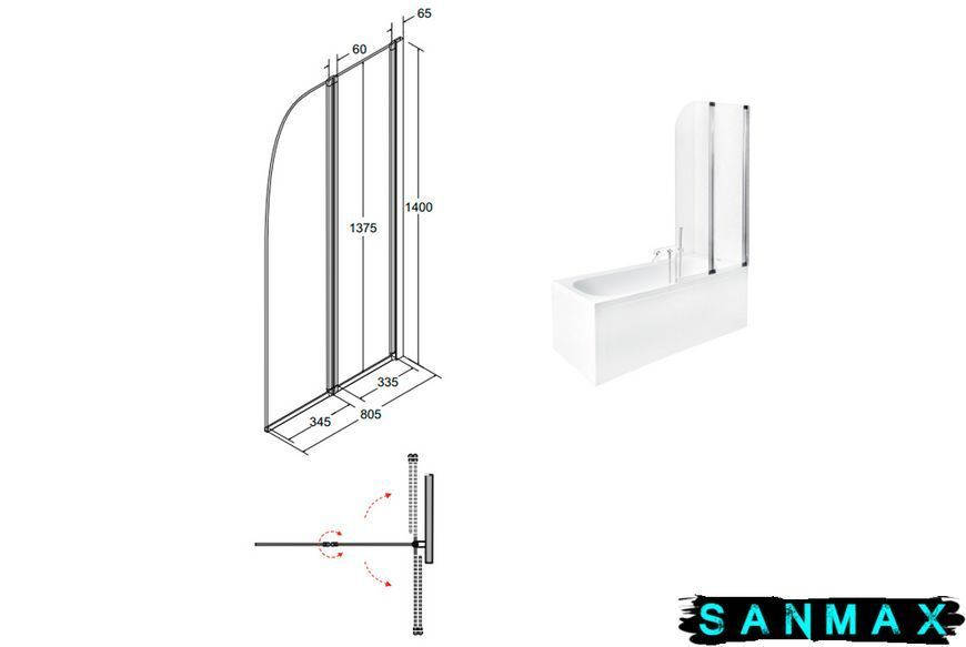 Шторка для ванни PMD Besco Ambition-2S 80.5х140 PA-2S фото