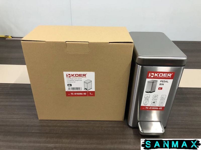Відро для сміття з плавним закриттям прямокутне Koer TC-010206-02 6 л колір нержавійка (KR5594) KR5594 фото