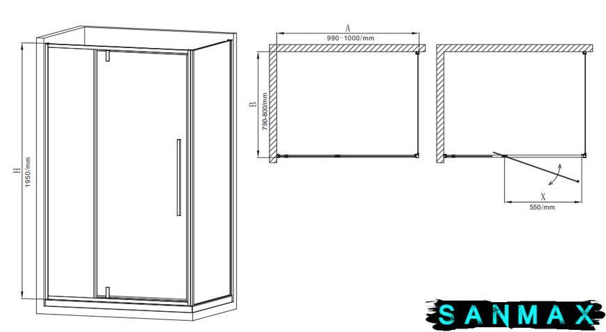 Душова кабіна без піддону Mixxus Premium Bevel SC01-100x80x195-TR Чорний прозоре скло 6мм (MI6870) MI6870 фото
