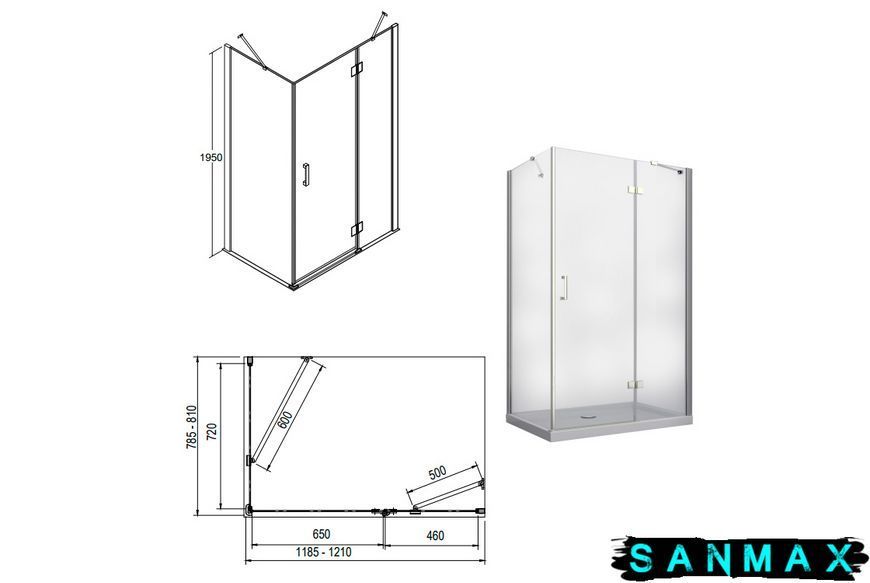 Кабіна прямокутна Besco Viva 1200x80x195 права: скло прозоре, профіль хромований VPP-128-195C фото