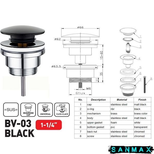 Донний клапан для умивальника універсальний Zerix BV-03 Чорний (ZX6020) ZX6020 фото