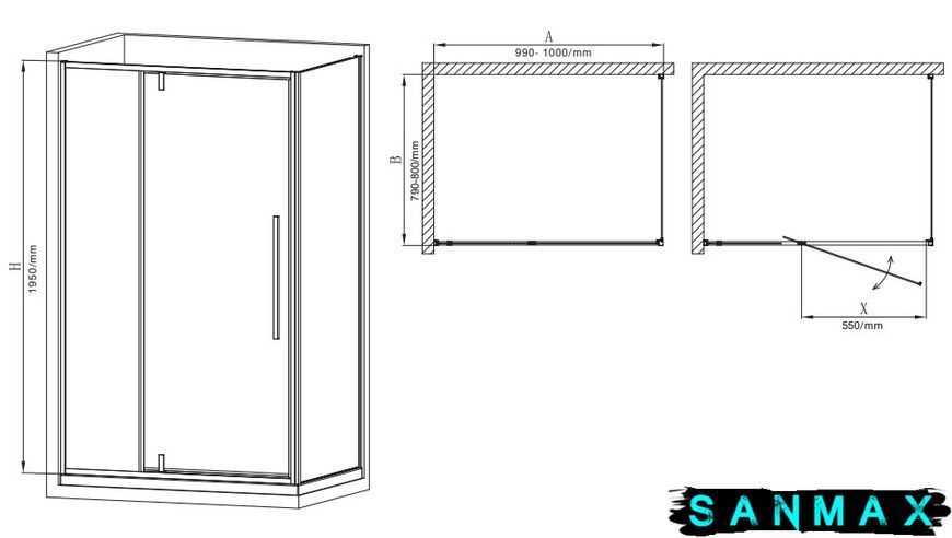 Душова кабіна без піддону Mixxus Premium Bevel SC01-100x80x195-TR Хром прозоре скло 6мм (MI6869) MI6869 фото