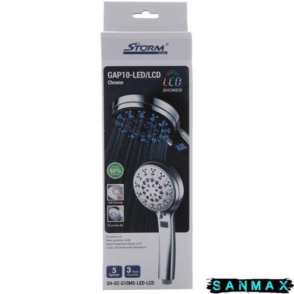 Лійка ручна для душу Storm SH-02-G10M5-Led-Lcd (5 режимів) Підсвітка Хром (ST0003) ST0003 фото