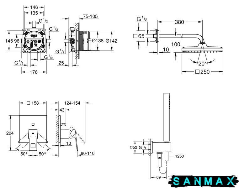 Вбудована душова система зі змішувачем Grohe Eurocube New Tempesta 250 (UA26415SC3) UA26415SC3 фото