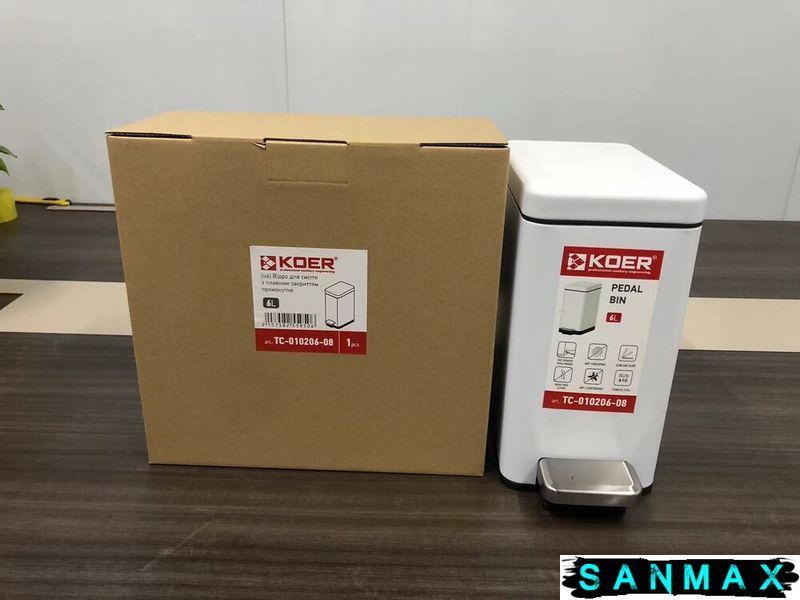 Відро для сміття з плавним закриттям прямокутне Koer TC-010206-08 6 л колір білий (KR5595) KR5595 фото