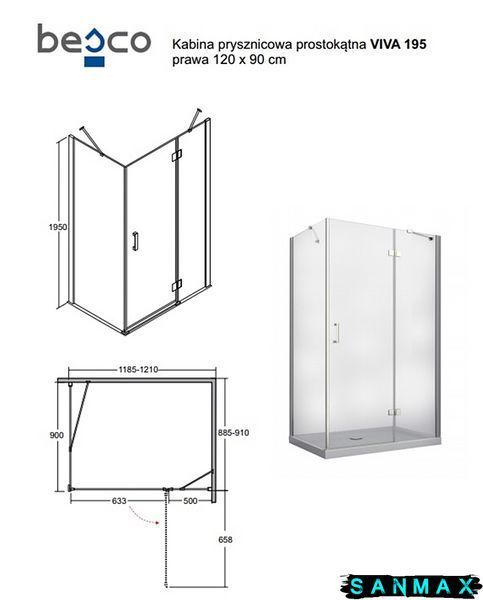 Кабіна прямокутна Besco Viva 120x90x195 права, скло прозоре, профіль хромований VPP-129-195C фото