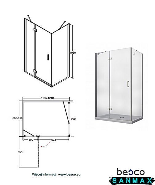 Кабіна прямокутна Besco Viva 1200x90x195 ліва: скло прозоре, профіль хромований VPL-129-195C фото