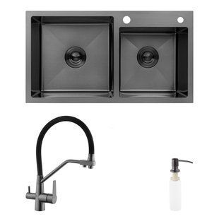 Комплект кухонна мийка Kroner Schwarze-7843ZHM PVD + змішувач Edelstahl Klassisch-PVD03817BLK + дозатор Spender-026 CVS30115 фото