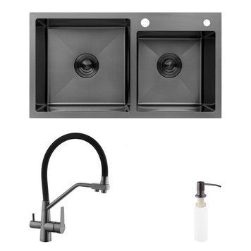 Комплект кухонна мийка Kroner Schwarze-7843ZHM PVD + змішувач Edelstahl Klassisch-PVD03817BLK + дозатор Spender-026 CVS30115 фото