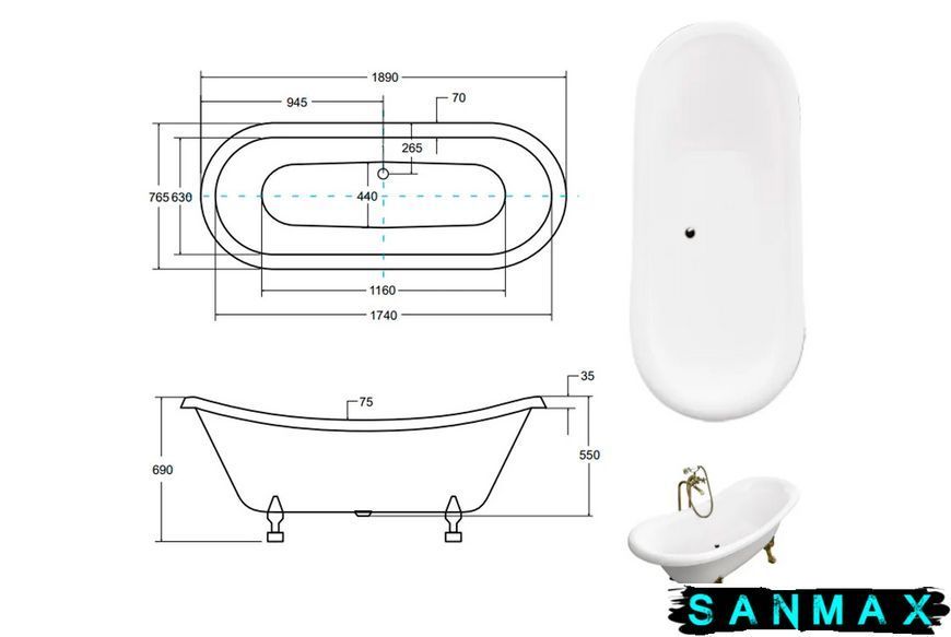 Ванна акрилова Besco Amelia ретро 190х77 з ногами білими #WKA-190W+BI фото