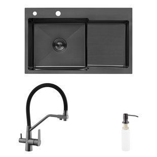 Комплект кухонна мийка Kroner Schwarze-7848LHM PVD + змішувач Edelstahl Klassisch-PVD03817BLK + дозатор Spender-026 CVS30116 фото