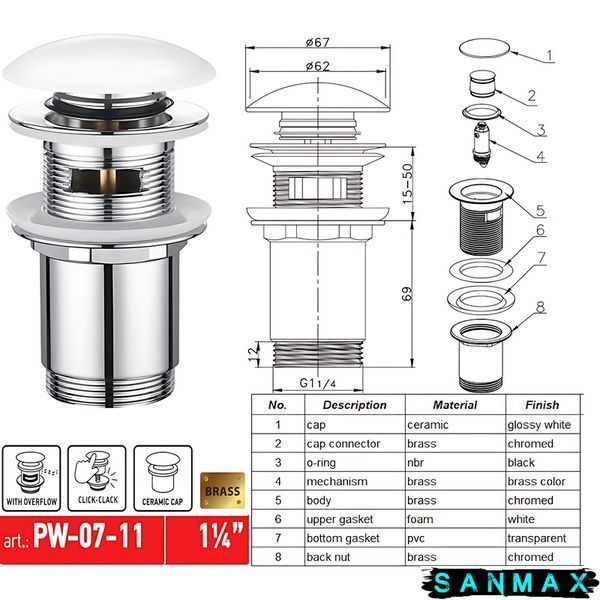 Донний клапан для умивальника з переливом Koer PW-07-11 Хром Біла керамічна накладка (KR5784) KR5784 фото