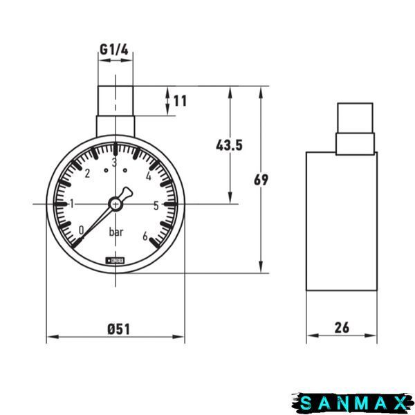Манометр радіальний 6 бар D50 1/4 Koer KM.630R різьба зверху корпусу (KR4762) KR4762 фото