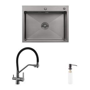 Комплект кухонна мийка Kroner Schwarze-6350HM PVD + змішувач Edelstahl Klassisch-PVD03817BLK + дозатор Spender-026 CVS30117 фото
