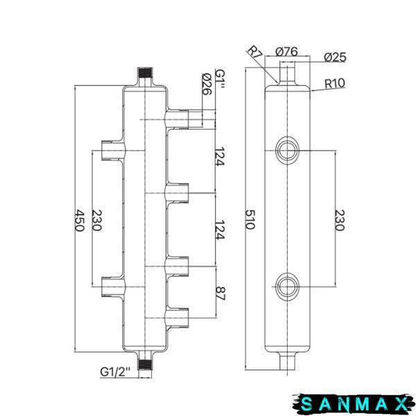 Гідрострелка Koer KR.S1032 4/2 (з воздухоотвод. І дренаж. краном) 1"НР SUS304 (KR2959) KR2959 фото