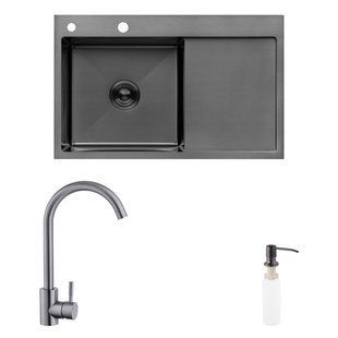 Комплект кухонна мийка Kroner Schwarze-7849LHM PVD + змішувач Edelstahl Klassisch-SCH035PVD + дозатор Spender-026 CVS30118 фото