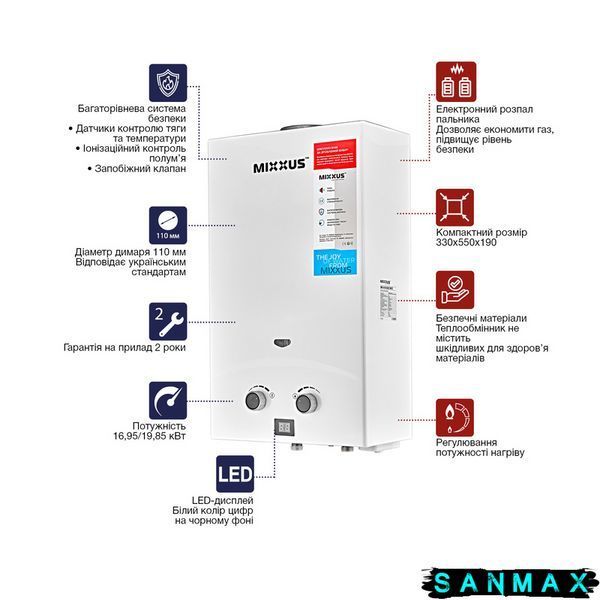 Газова колонка димохідна Mixxus 10 л Gwh-0110 Basic Біла (WH0022) WH0022 фото