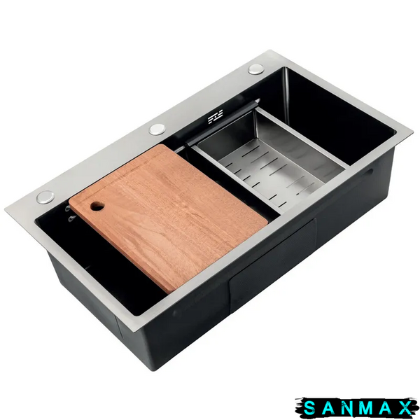 Кухонна інтегрована мийка Zerix ZH7545-Set-05 Decor Nano-Чорний (3.0/0.8) з нерж. сталі, комплект (графіт) (ZM5582) ZM5582 фото