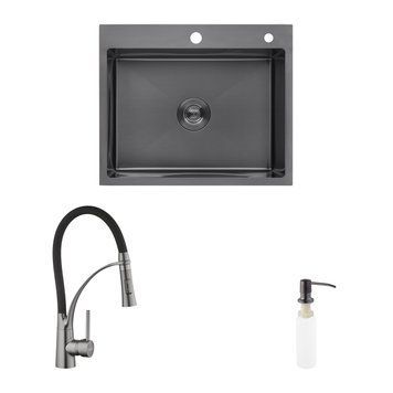 Комплект кухонна мийка Kroner Schwarze-6050HM PVD + змішувач Ersel-GRP03393BLK + дозатор Spender-026 CVS30071 фото
