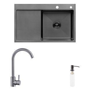 Комплект кухонна мийка Kroner Schwarze-7849RHM PVD + змішувач Edelstahl Klassisch-SCH035PVD + дозатор Spender-026 CVS30119 фото