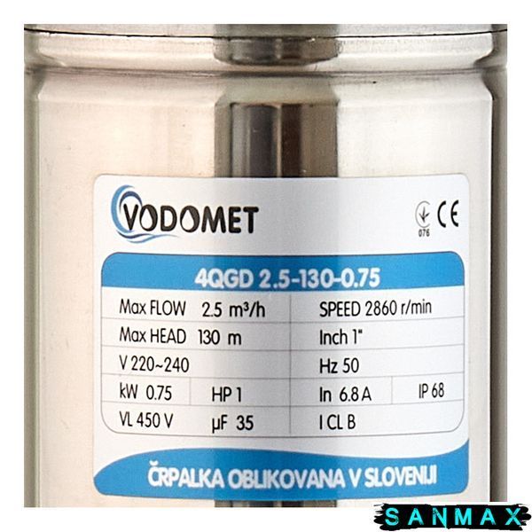 Насос для свердловин шнековий Vodomet 4QGD 2.5-130-0.75 Н=130М, Q=40л/хв, P=750 Вт (VO4158) VO4158 фото
