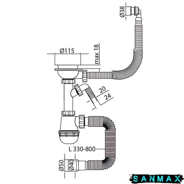 Сифон для кухні Mixxus SK-06-WH 3 1/2"x40 з пластиковою сіткою, відведенням для пральної машини, гнучким круг. переливом (MI8197) MI8197 фото
