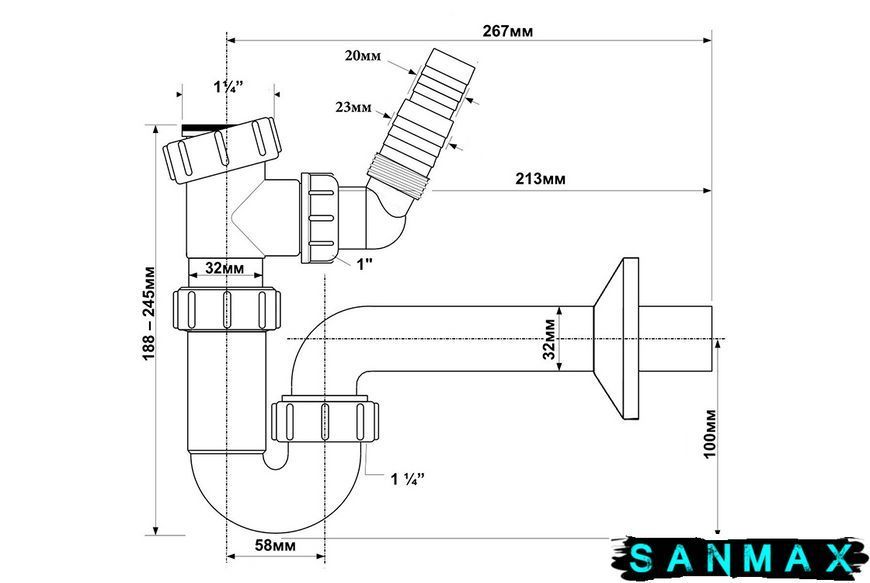 Сифон для умивальника HC4PF-32WM трубний без зливу 1 1/4&Prime;x32мм з підключенням до пральної або посудомийної машини, білий HC4PF-32WM фото