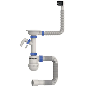 Сифон для кухні Mixxus SK-02-B 3 1/2"x40 з нерж.сіткою, відведенням для пральної машини, гнучким прямок. переливом (MI8195) MI8195 фото