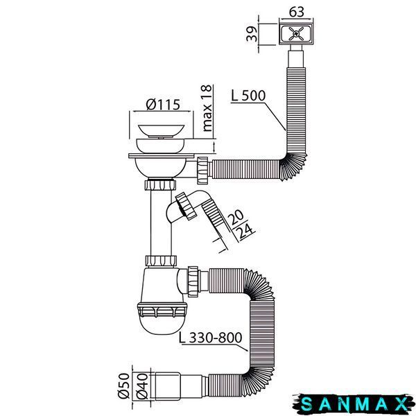 Сифон для кухні Mixxus SK-02-B 3 1/2"x40 з нерж.сіткою, відведенням для пральної машини, гнучким прямок. переливом (MI8195) MI8195 фото