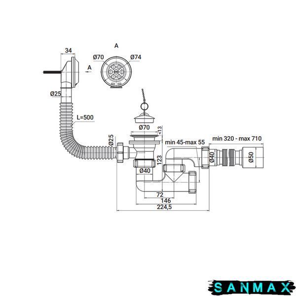 Сифон для ванни Zerix SV-02-A 1 1/2" з ревізією, випуском та переливом (ZX4958) ZX4958 фото