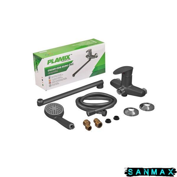 Змішувач для ванни Plamix Cezar-006 Euro Set Графіт, зі шлангом, лійкою та кронштейном (PM0691) PM0691 фото
