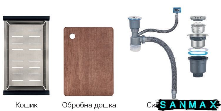 Кухонна інтегрована мийка Zerix ZH7545-SET-05 Nano-Чорний (3.0/0.8) з нерж. сталі, комплект (графіт) (ZM5581) ZM5581 фото