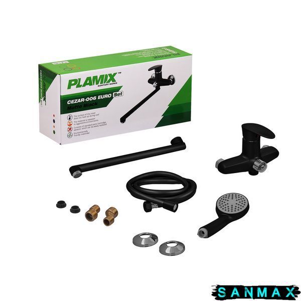 Змішувач для ванни Plamix Cezar-006 Euro Set Matte Чорний, зі шлангом, лійкою та кронштейном (PM0690) PM0690 фото