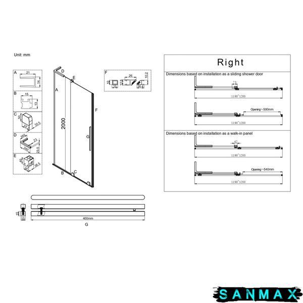 Двері у нішу Walk-In розсувні Koer SR SD07-120x200-R-TR-12 прозоре скло Easy Clean 8мм Матове золото (KR5774) KR5774 фото