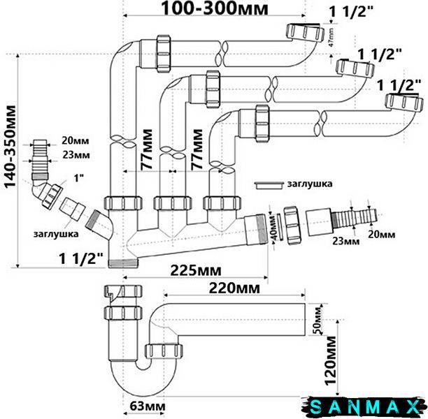 Сифон для кухонної мийки багатофункційний SSK3-50 SSK3-50 фото