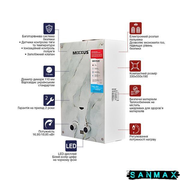 Газова колонка Mixxus Gwh-0510 Basic Glass димохідна 10 л/хв (панель зі скла з малюнком) (WH0026) WH0026 фото