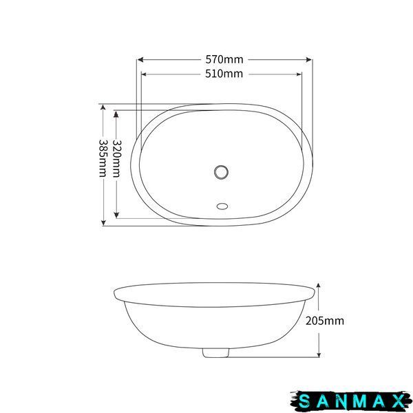 Раковина врізна під стільницю Mixxus Premium Ellipse-1701 570х385х205mm з переливом (MP6566) MP6566 фото