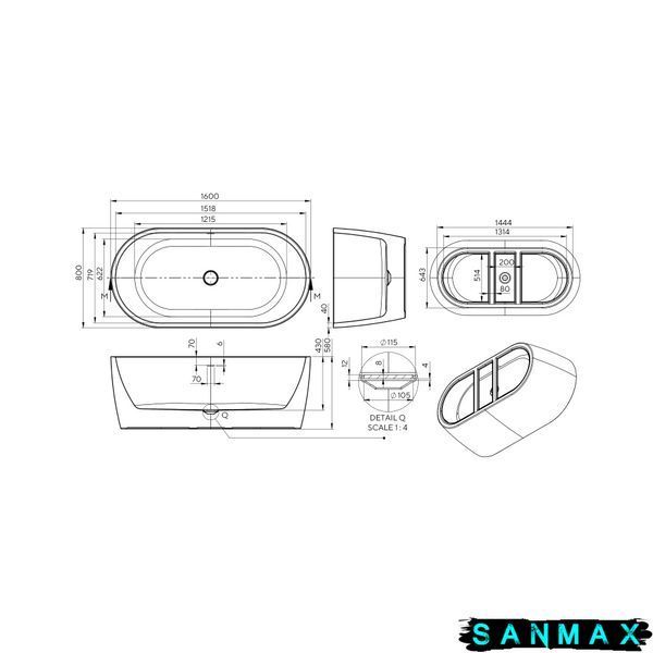 Ванна акрилова вільностояча суцільнолита Koller Pool PureLine 1600x800 Білий з сифоном 0266250101 фото