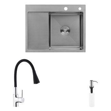 Комплект кухонна мийка Kroner Geb&uuml;rstet-6350RHM + змішувач K&uuml;che-C031BLK + дозатор Spender-ECG049 CVS30127 фото