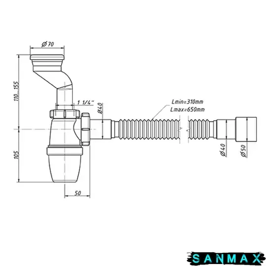 Сифон для пісуара з манжетом 1.1/4 D50, з гнучкою трубою 40/50 Waterstal (P31009) P31009 фото