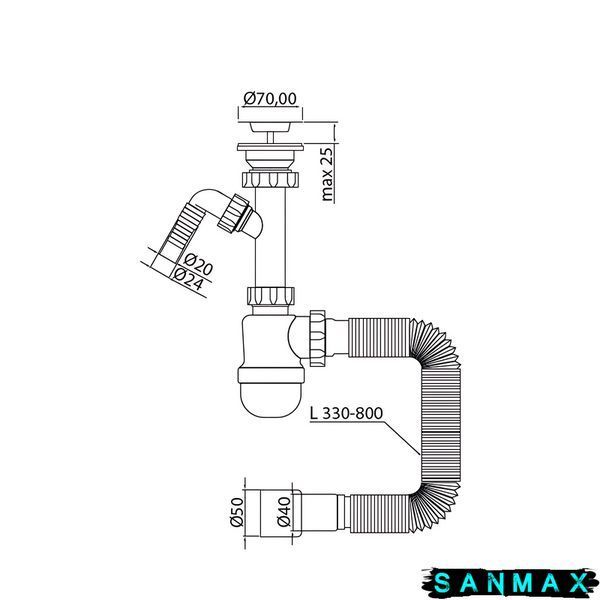 Сифон для умивальника Mixxus SU-02-B 1 1/2"x40 з литим випуском та відводом для пральної машини (MI8185) MI8185 фото