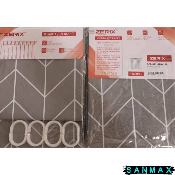 Шторка для ванної Zerix SCP-012-180x180 з PEVA (поліетиленвінілацетату) (Візерунок "Зигзаг" сірий) (ZX6085) ZX6085 фото