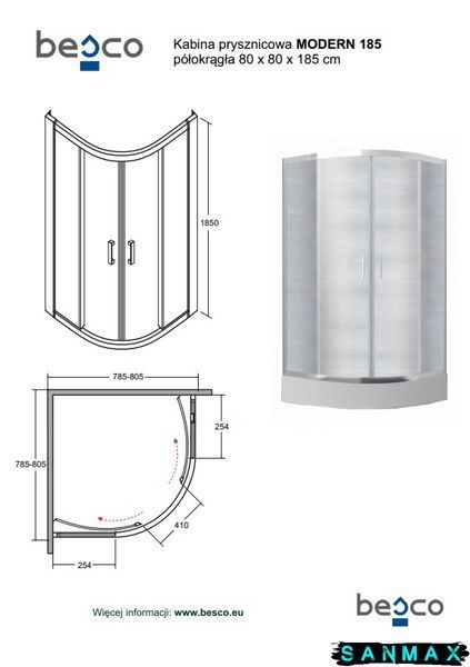 Кабіна півкругла Besco Modern 90x90x185 універсальна: скло прозоре, профіль хромований MP-90-185-C фото