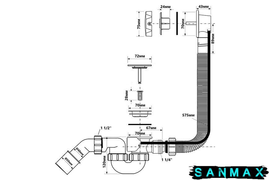 Сифон для ванни/глибокого піддона (автомат) HC31-MWH (білий) HC31-MWH фото