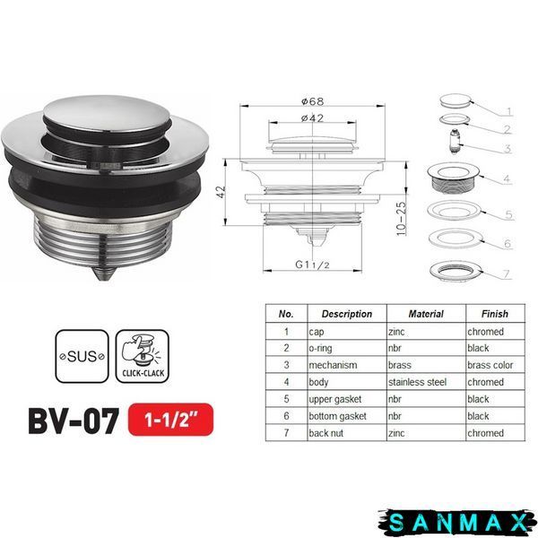 Донний клапан для ванни Zerix BV-07 1 1/2 Хром (ZX6024) ZX6024 фото