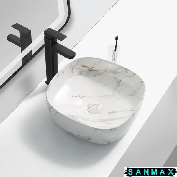 Умивальник накладний керамічний Mixxus Premium Diverse-0104 Marble 370х370х135mm Мармур (MP6537) MP6537 фото
